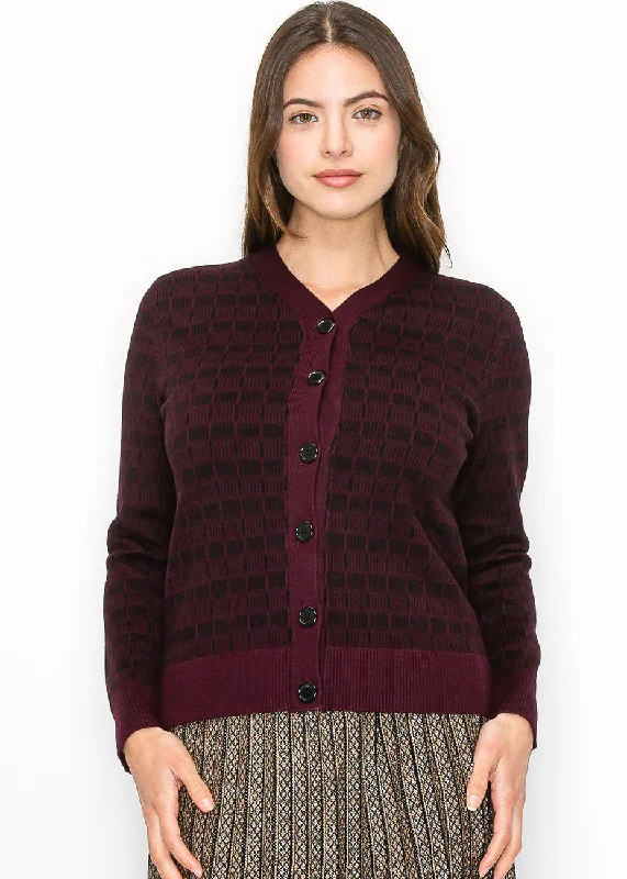 Evening Elegance Burgundy and Black Check Knit Cardigan