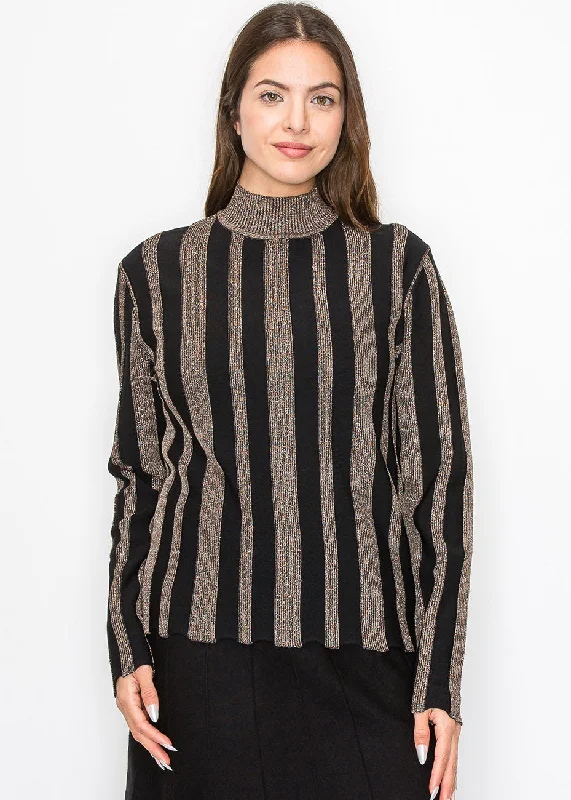 Relaxed Fashion Metallic Stripe Mock Neck Top