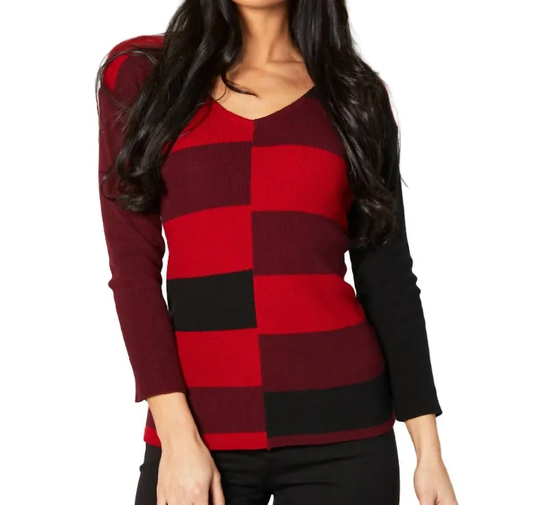 Vintage Retro Party Wear Ribbed V-Neck Sweater In Black/red