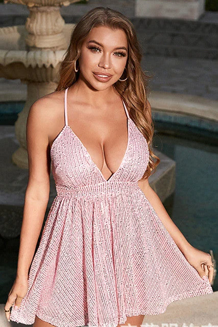 Season Offer Pink Sequins V-Neck Crisscross Back Short Cocktail Dress