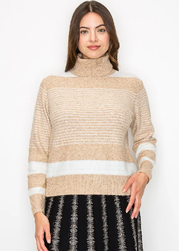 Trendy Street Style Beige Striped Turtleneck Sweater