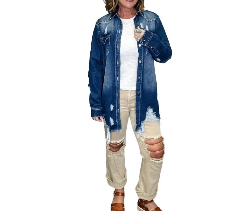 Colorful Clothing Distressed Denim Shirt Jacket