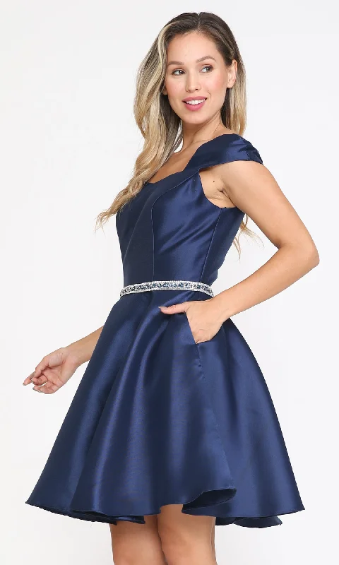 Latest Trends Cap-Sleeve Short Homecoming Dress with Pockets 8416