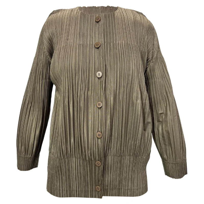 Runway Inspired Wear Pleats Please Issey Miyake Button-Down Top in Brown Polyester