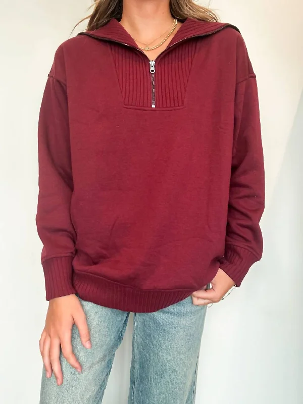 Bold Patterns French Terry Quarter Zip Pullover In Crimson