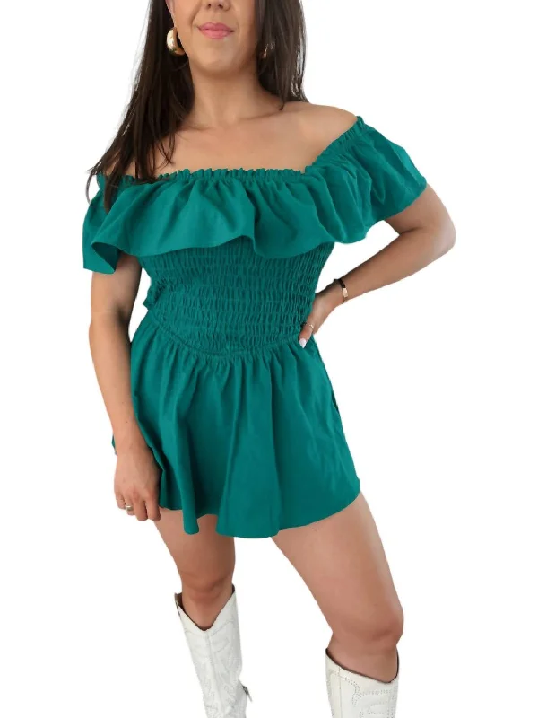 Casual Elegance Off Shoulder Ruffle Romper In Kelly Green