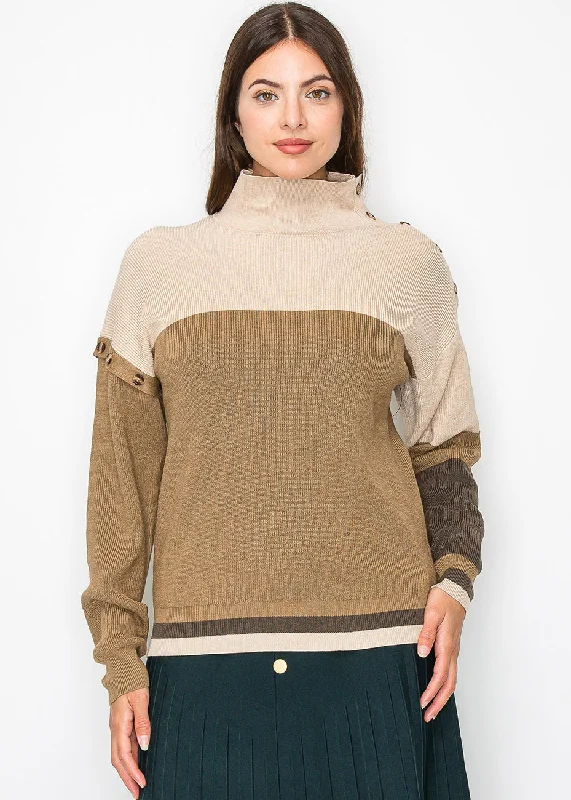 Modern Casual Clothing Camel Knit Sweater with Button Detailing