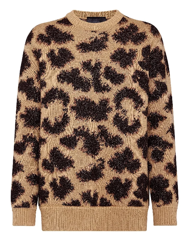 Daily Essentials Pullover Round Neck SS Jacquard Lurex Leopard