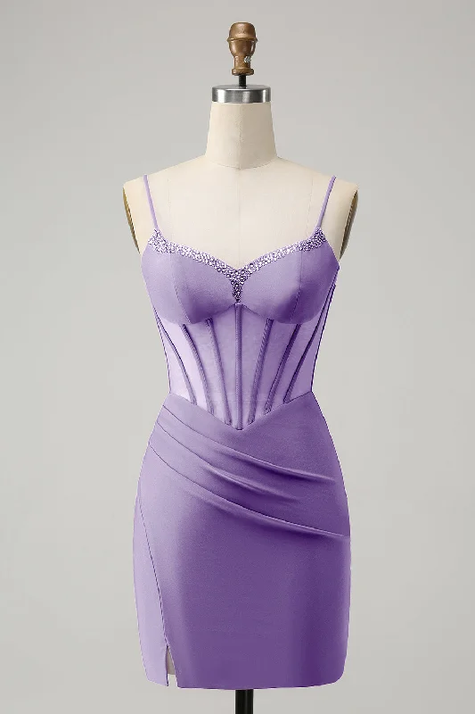 Art Deco Geometric Pattern Look Stylish Purple Bodycon Lace Up Back Beaded Corset Short Homecoming Dress with Slit