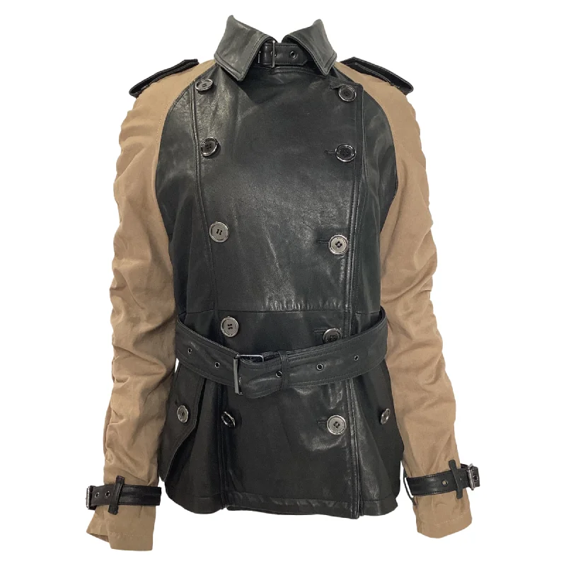 High End Fashion Burberry Brit Belted Double-Breasted Jacket in Black and Brown Lamb Leather