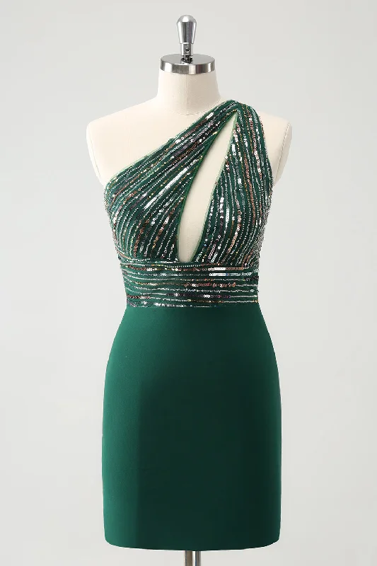 Feminine Grace Sparkly Dark Green Bodycon One Shoulder Pleated Short Homecoming Dress with Sequins