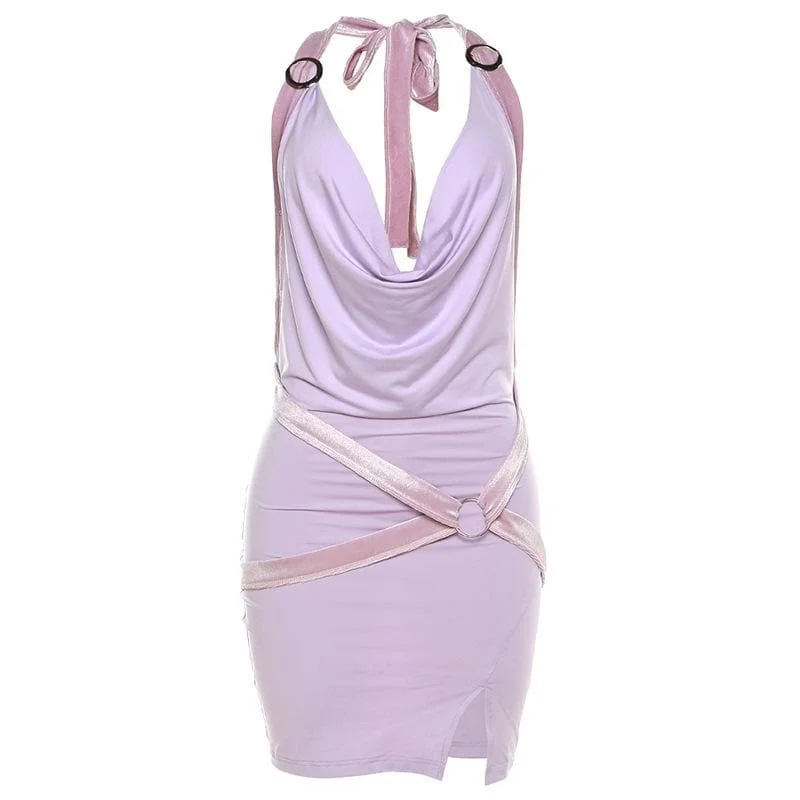 Refined Simplicity BerryBetty - Cowl neck low cut o ring halter backless self tie slit mini dress