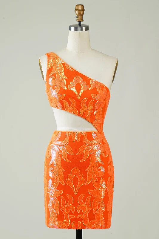 Luxury Comfort Orange One Shoulder Glitter Homecoming Dress with Hollow-out