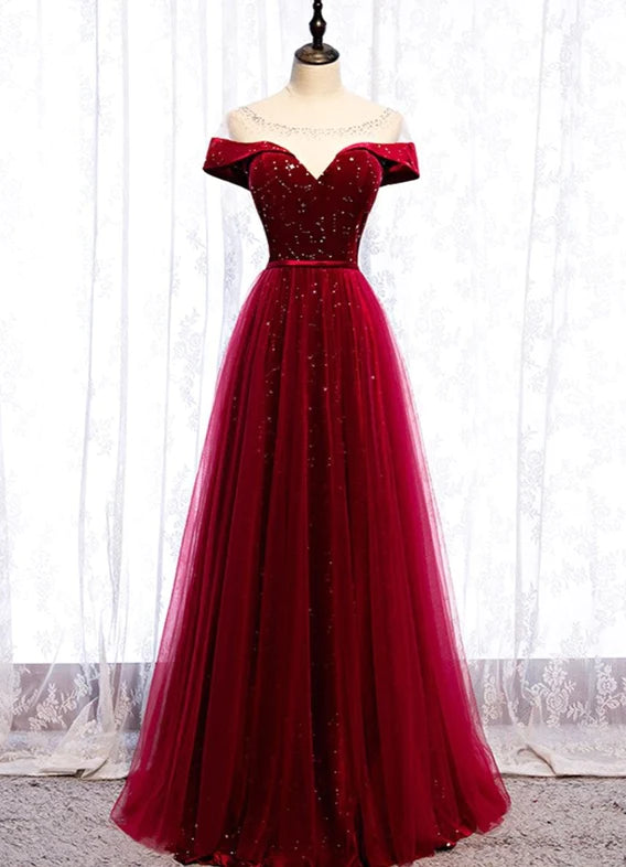 Anniversary Sale Wine Red Tulle with Velvet Long Party Dress, Wine Red Formal Dress Prom Dress