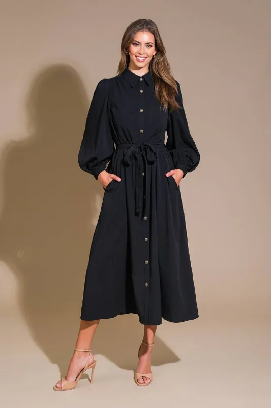 Fast Fashion Favorites DingJiDress November December Wedding Guest Dress Solid Woven Midi Dress Featuring Shirt Collar Long Sleeve Button Down Side Pockets Self Sash Tie Formal Party Dress