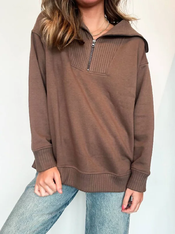 Romantic Detailing French Terry Quarter Zip Pullover In Mocha