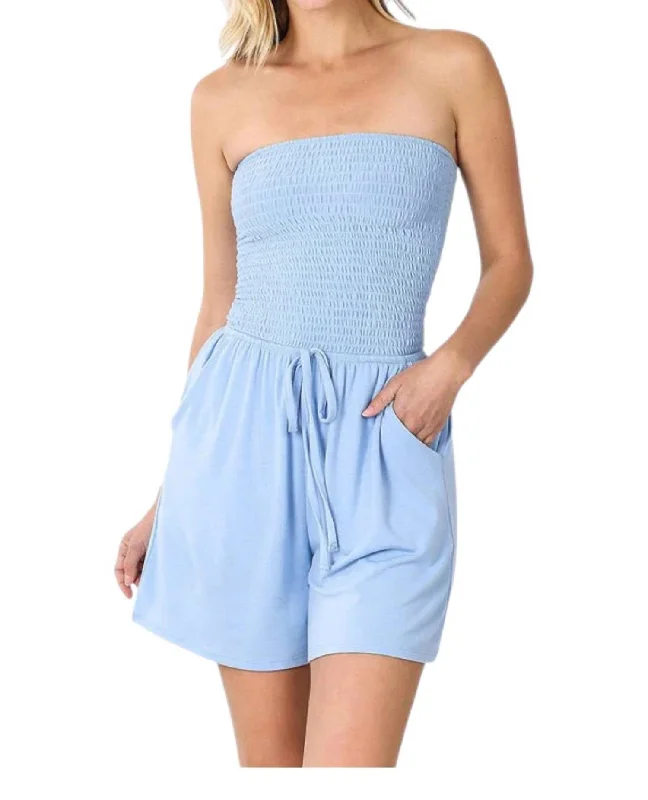 Casual Chic Smocked Shorts Romper In Spring Blue