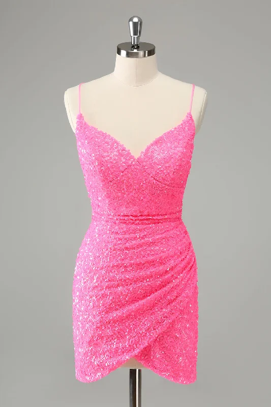 Relaxed Style Chic Glitter Hot Pink Bodycon Spaghetti Straps Sequins Short Homecoming Dress