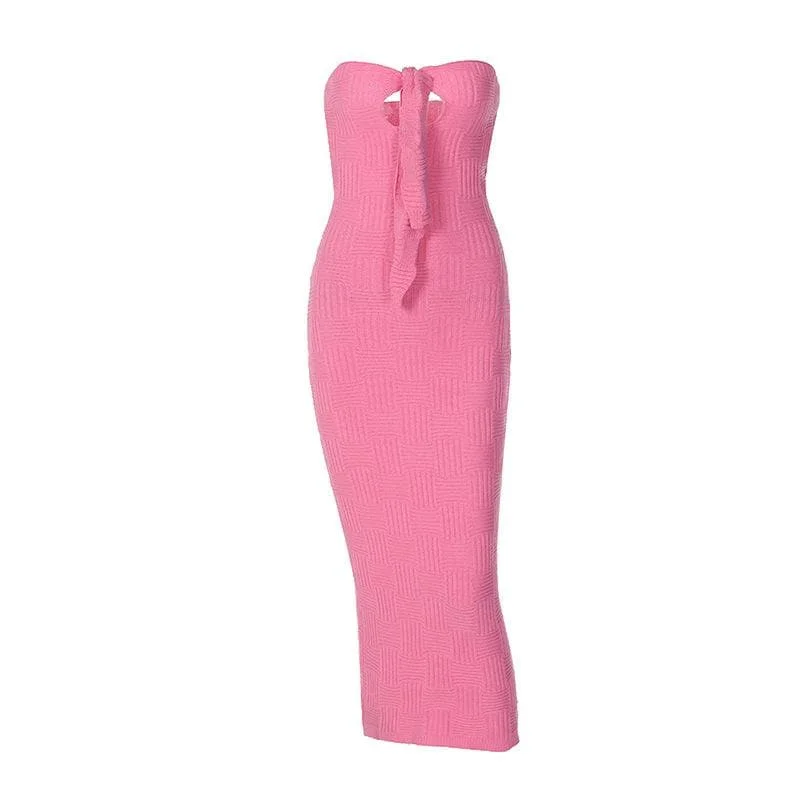 Feminine Soft - Hued Styles BerryBetty - Hollow out knitted backless self tie solid textured tube maxi dress