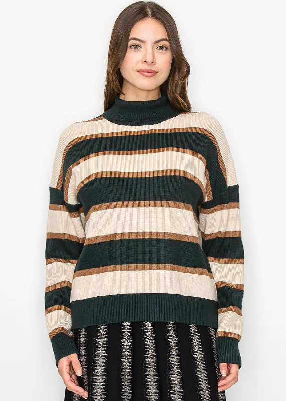 Casual Chic Clothing Forest Green Striped Turtleneck Sweater