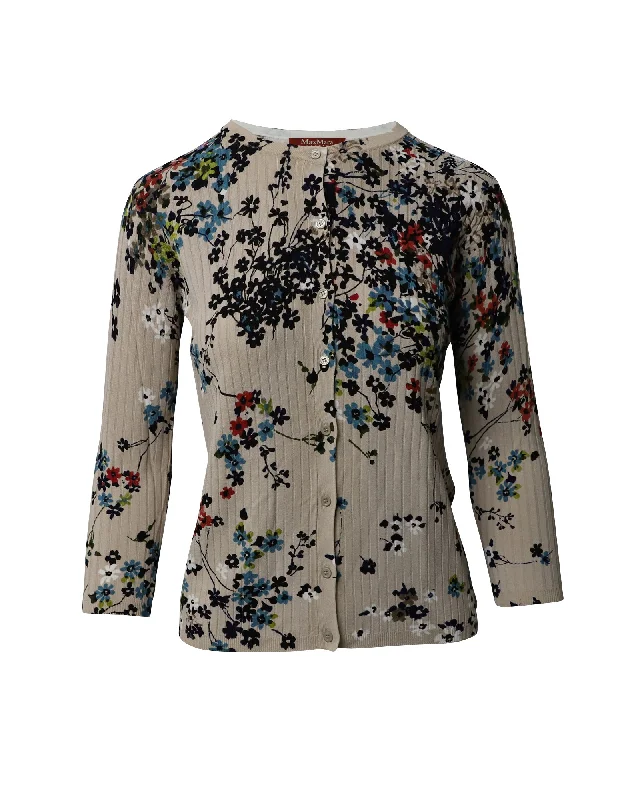 Trend Driven Wardrobe Max Mara Ribbed Floral Cardigan in Beige Viscose