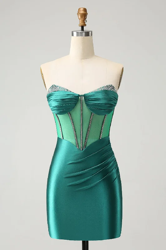 Ethnic Cultural Event Wear Stylish Dark Green Bodycon Sweetheart Pleated Corset Short Homecoming Dress with Beading