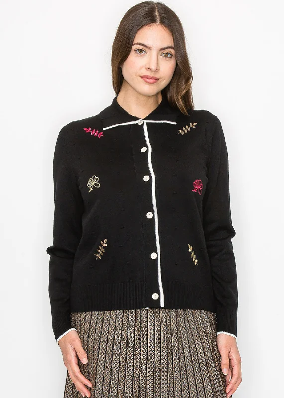 Casual Chic Black Buttoned Cardigan with Floral Accents