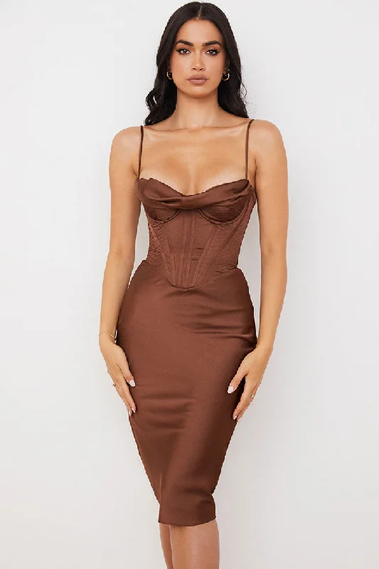 Stylish Savings Silky Cowl Neck Corset Satin Midi Cocktail Dress - Coffee