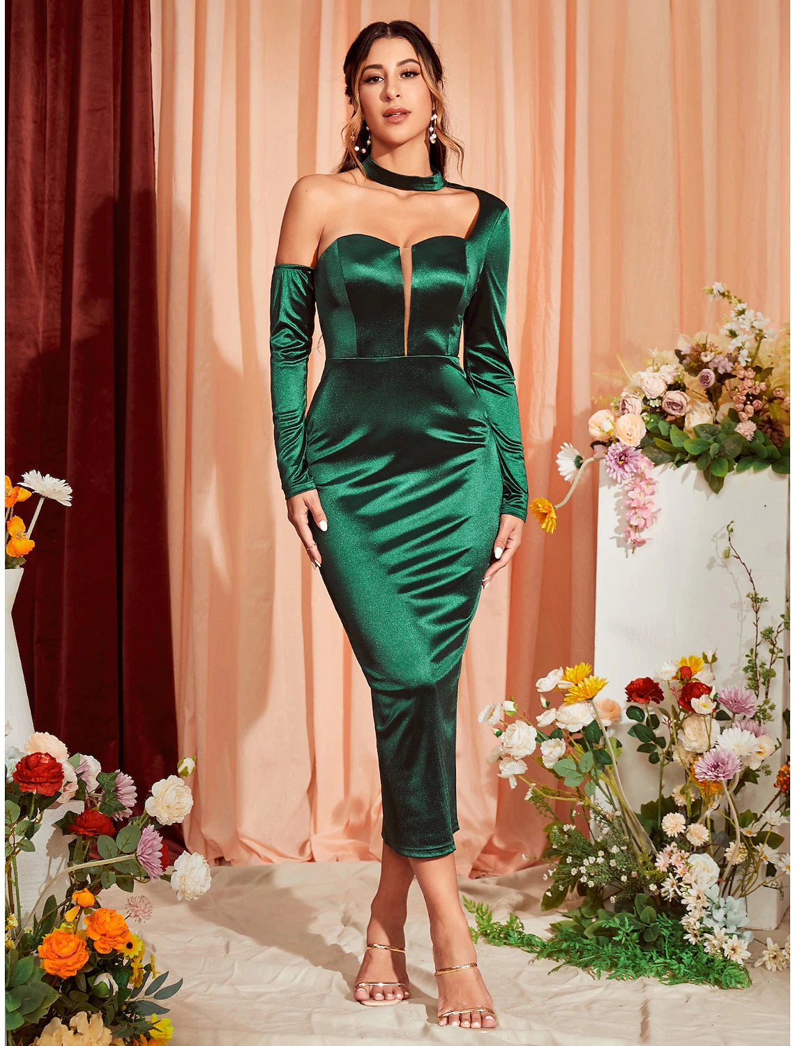 Chic Allure Mermaid / Trumpet Party Dresses Sexy Dress Wedding Party Semi Formal Tea Length Long Sleeve One Shoulder Stretch Satin with Ruched Slit