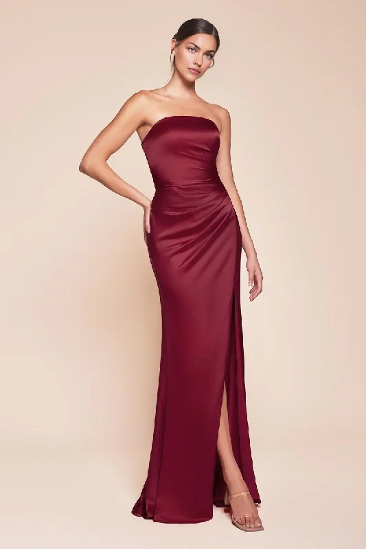 Limited Stock, Big Sale DingJiDress November December Wedding Guest Dress Luxe Satin Gown Strapless Form Fitting Bodice Lace-Up Corset Strapless Straight Neckline Gathered Waistline Leg Slit Dress Has No Stretch Simple Formal Party Dress