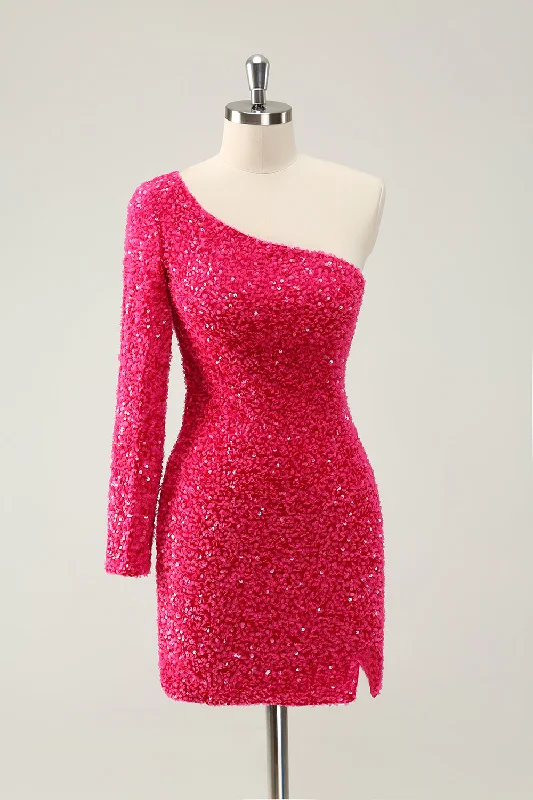 Chic Allure Sparkly Hot Pink Bodycon One Shoulder Long Sleeve Short Homecoming Dress with Slit