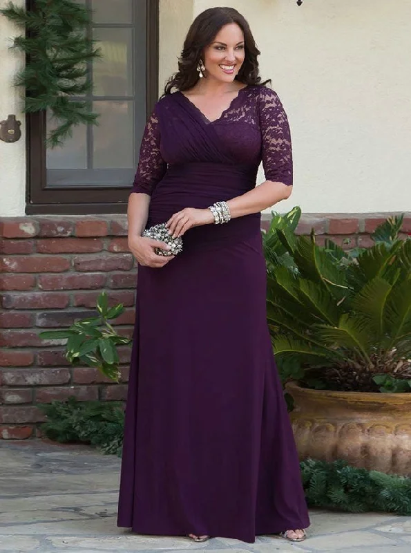 Quality Wear Plus Size V-Neck Ruched Half Sleeves Chiffon Mother Of The Bride Prom Dress With Lace MO103