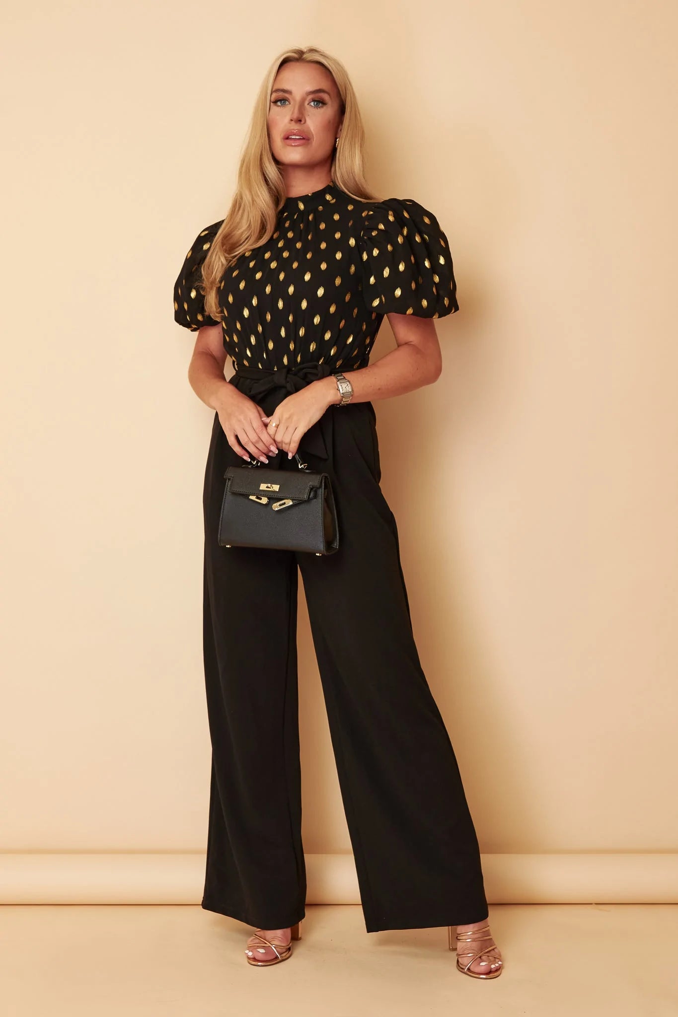 Fashionista Favorites Pippa Black and Gold Foil Belted Jumpsuit