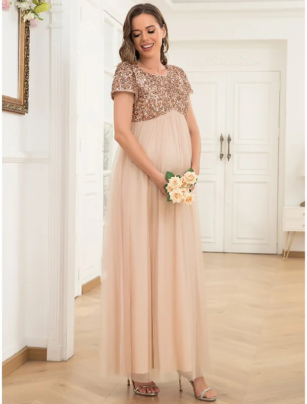 Luxury Comfort A-Line Party Dresses Maternity Dress Party Wear Wedding Guest Ankle Length Short Sleeve Jewel Neck Tulle with Sequin