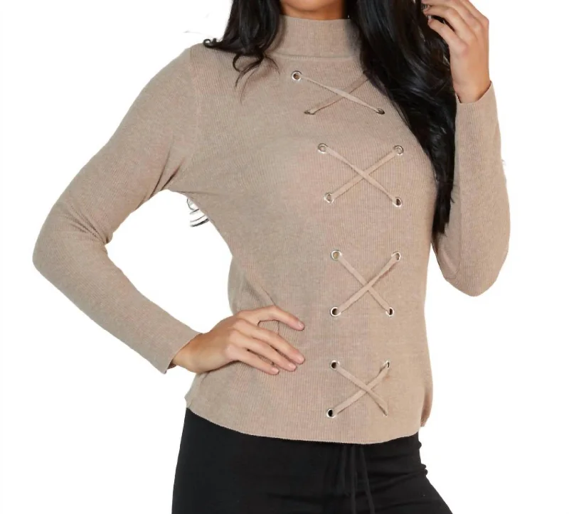 Tropical Island - Inspired Attire Lace Up Mock Neck Top In Sand