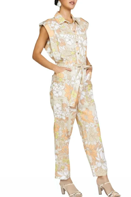 Seasonal Picks Sleeveless Utility Button Down Jumpsuit In Floral Sand