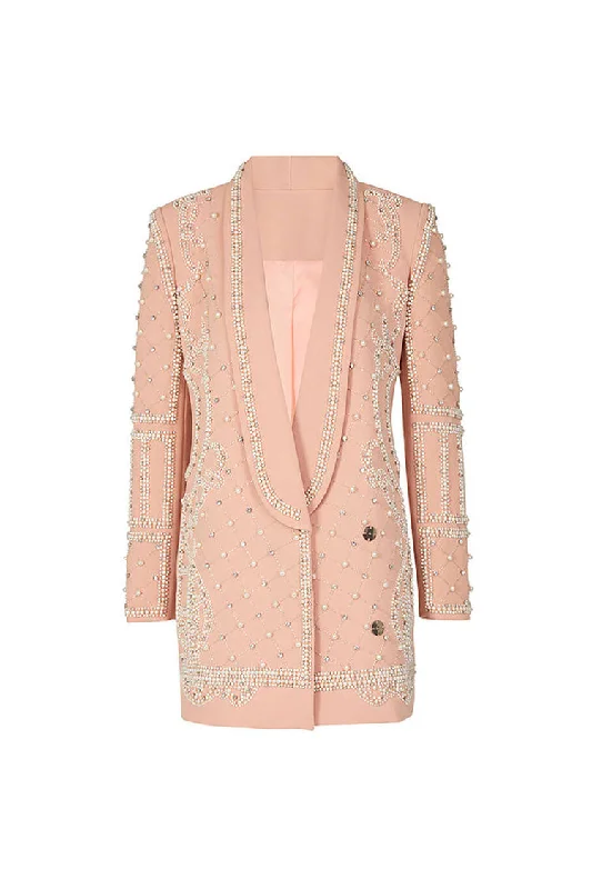 Luxe Women's Fashion Opulent Rhinestone Beaded Shawl Collar Cinch Waist Long Party Blazer