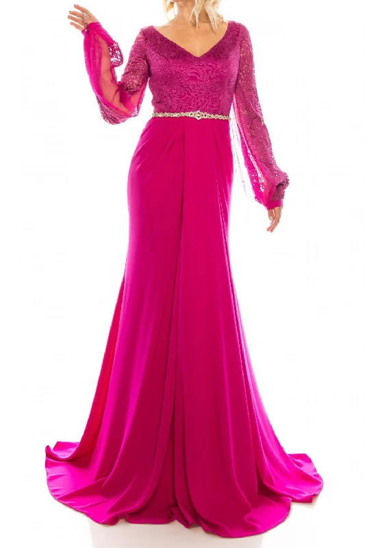 Style Breakthroughs Odrella - Embroidered V-neck Jacquard Gown 7Y1090SC