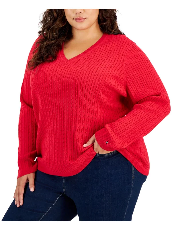 Wardrobe Update Plus Womens Cable Knit Long Sleeve V-Neck Sweater