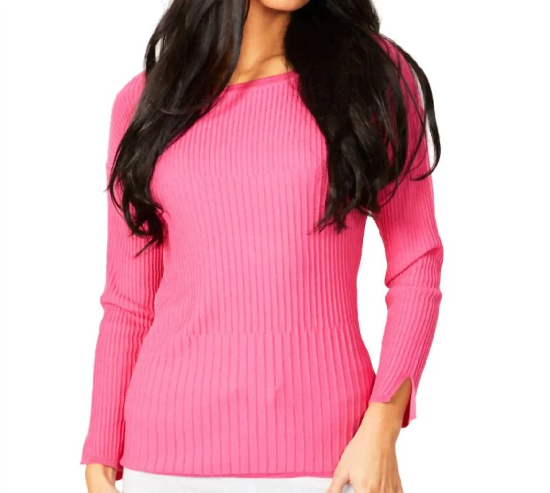 Playful Elegance Ribbed Crew Neck Top In Petal