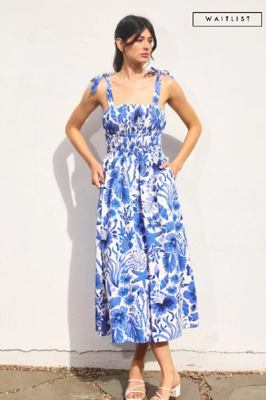 Big Savings On Minimalist Office Styles Waitlist 4/23 ♥ Sierra Sleeveless Shoulder Tie Seashell Print Midi Dress Blue