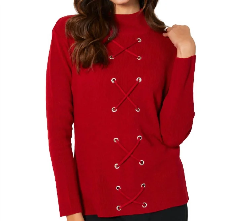 Parisian Effortless Chic Style Lace Up Mock Neck Top In Rouge