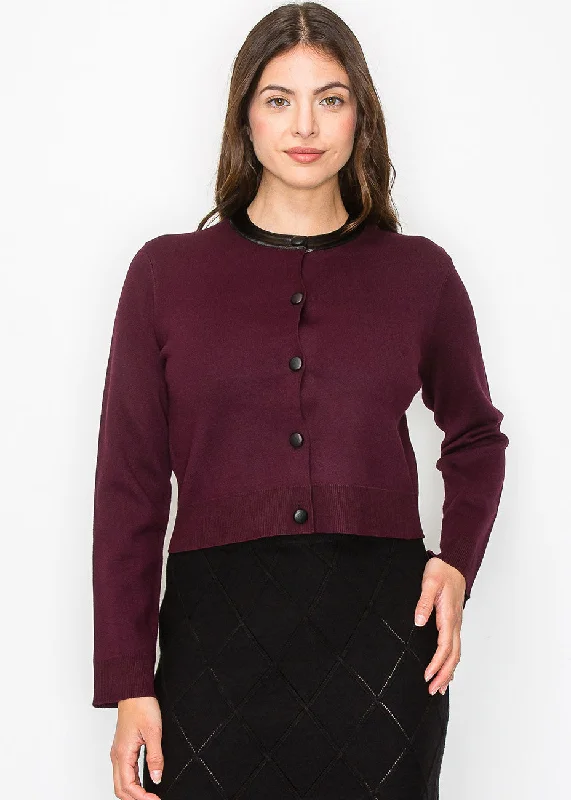 Stylish Looks Burgundy Knit Cardigan with Elegant Collar Accent