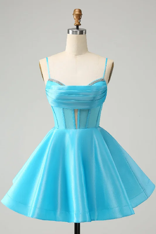 Elevate Your Wardrobe Blue A Line Spaghetti Straps Corset Short Homecoming Dress with Beading