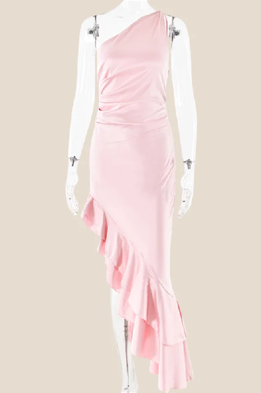 Limited Stock, Big Discounts One Shoulder Pink Ruffle Hem Long Dress