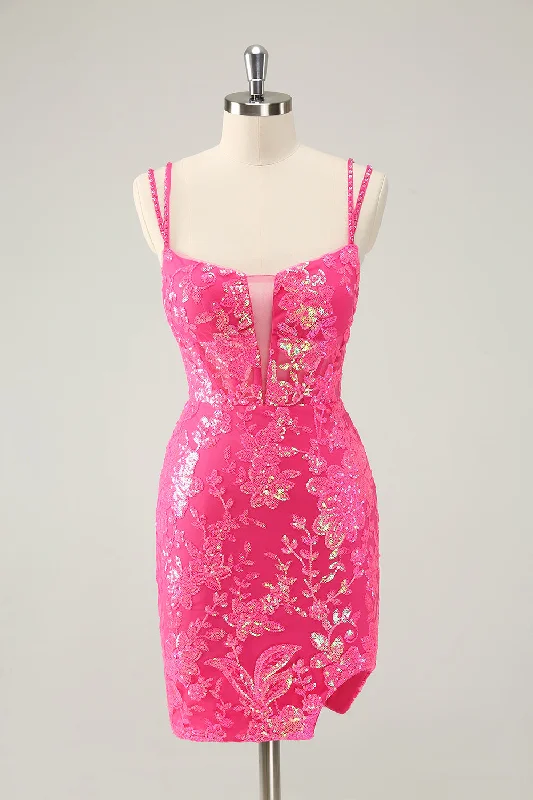 Timeless Classics Gorgeous Hot Pink Bodycon Spaghetti Straps Glittler Homecoming Dress with Lace Up Back