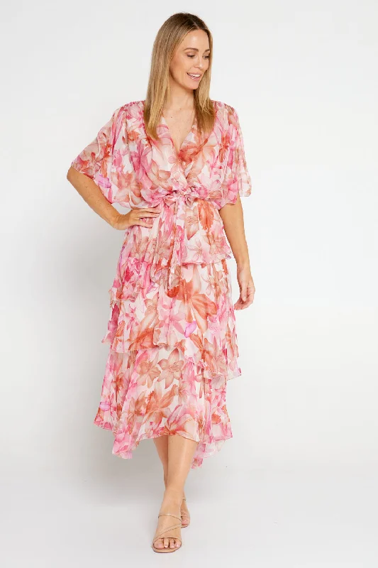 End Of Month Blowout Estelle Chiffon Dress - Pink Tropical Floral