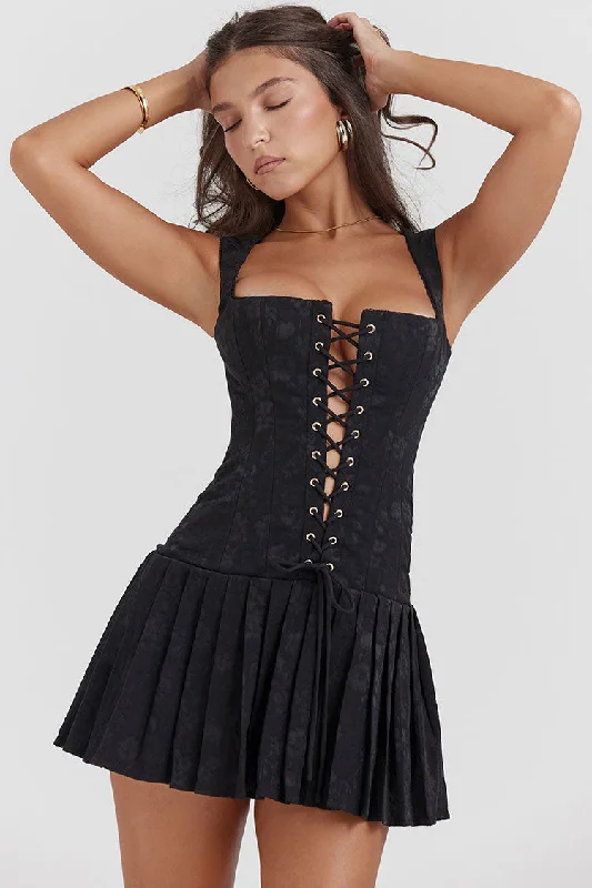 Luxury Fashion Sexy Lace Up Front Tie Sleeveless Corset Pleated Floral Party Mini Dress - Black