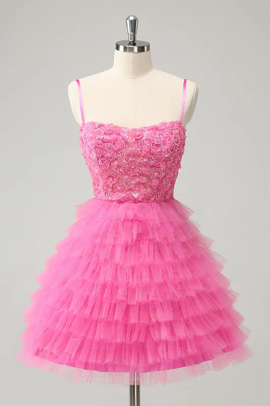 Modern Romance Pink A Line Spaghetti Straps Tiered Corset Short Homecoming Dress with Sequins