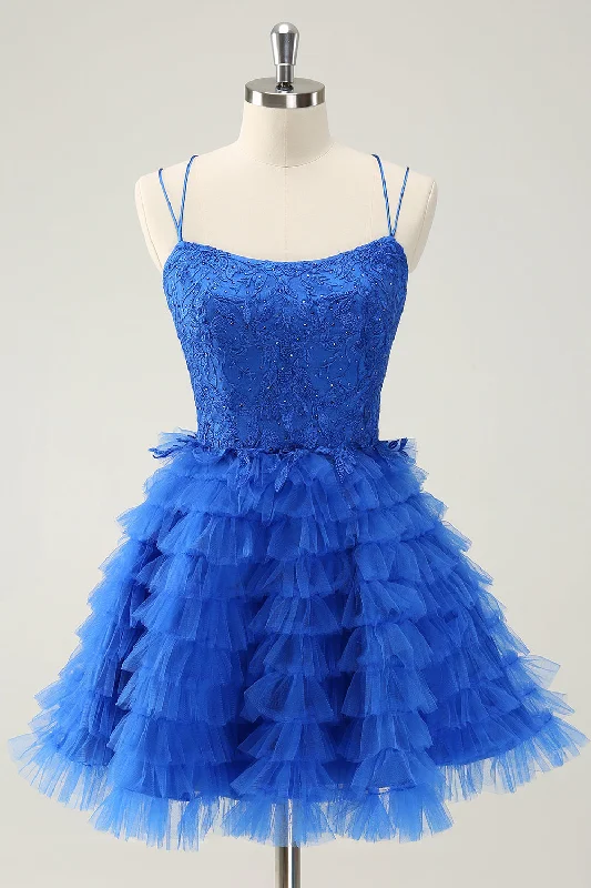 Free Spirited Fashion Cute Blue A Line Spaghetti Straps Tiered Short Homecoming Dress with Beading